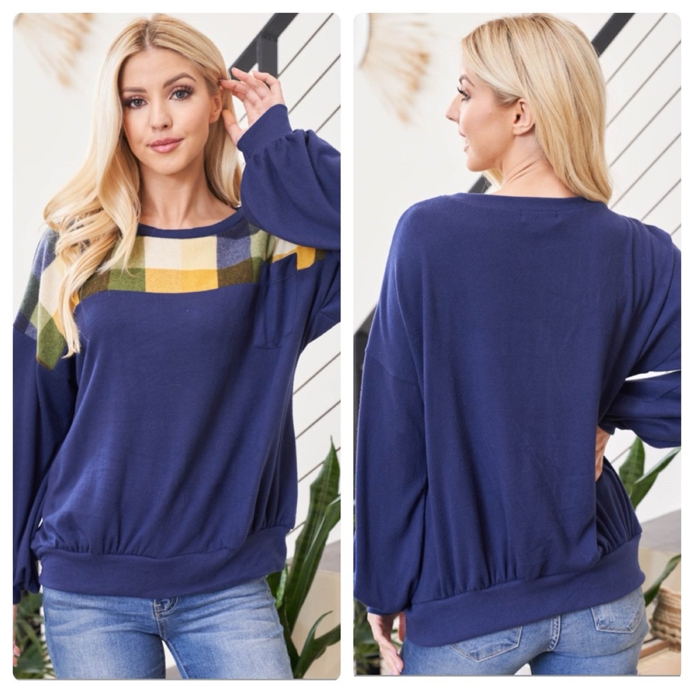 Plaid and navy blue long sleeved top